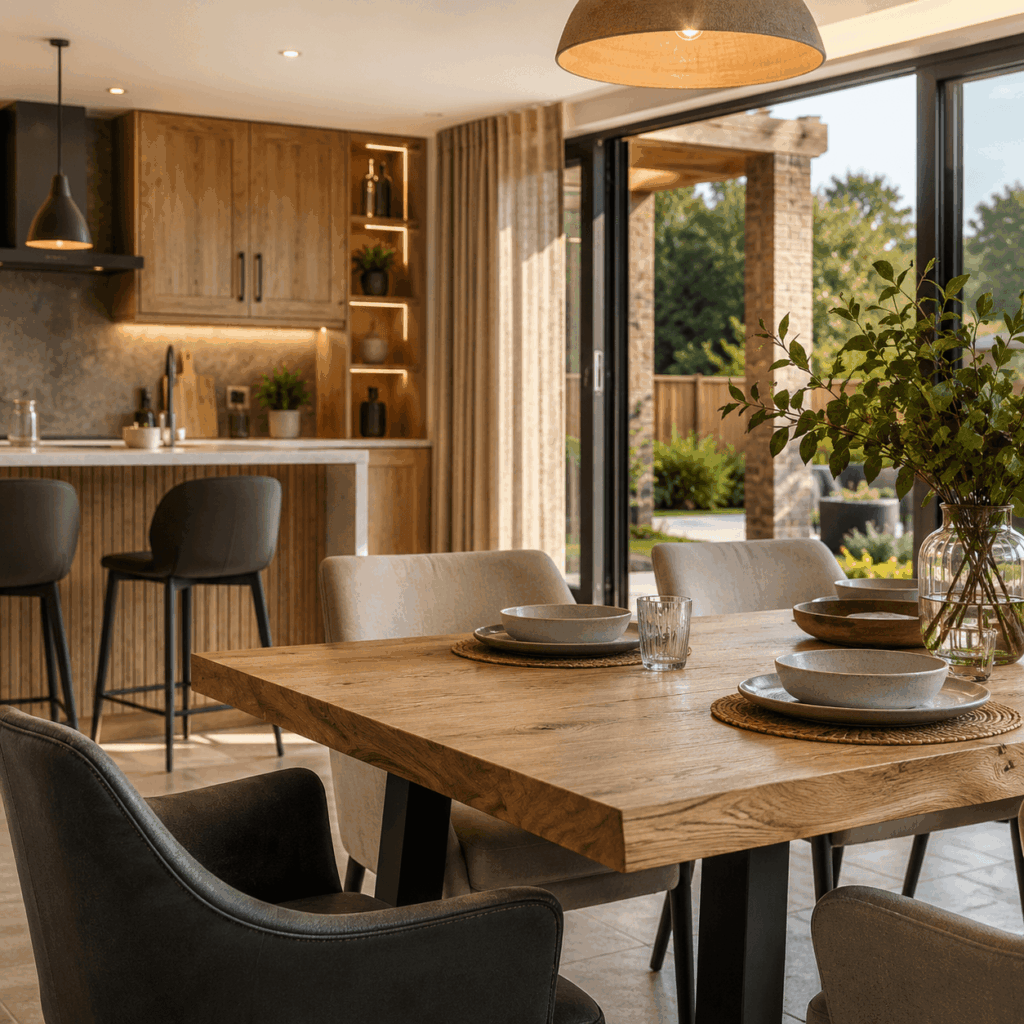 Brann New Homes Ltd open plan dining extension in Crowborough, East Sussex with oak joinery and premium finishes