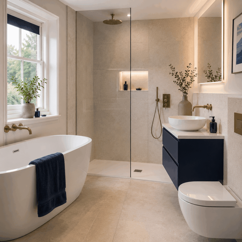 Brann New Homes bathroom suite installation image showing bath, shower, toilet and basin in Crowborough