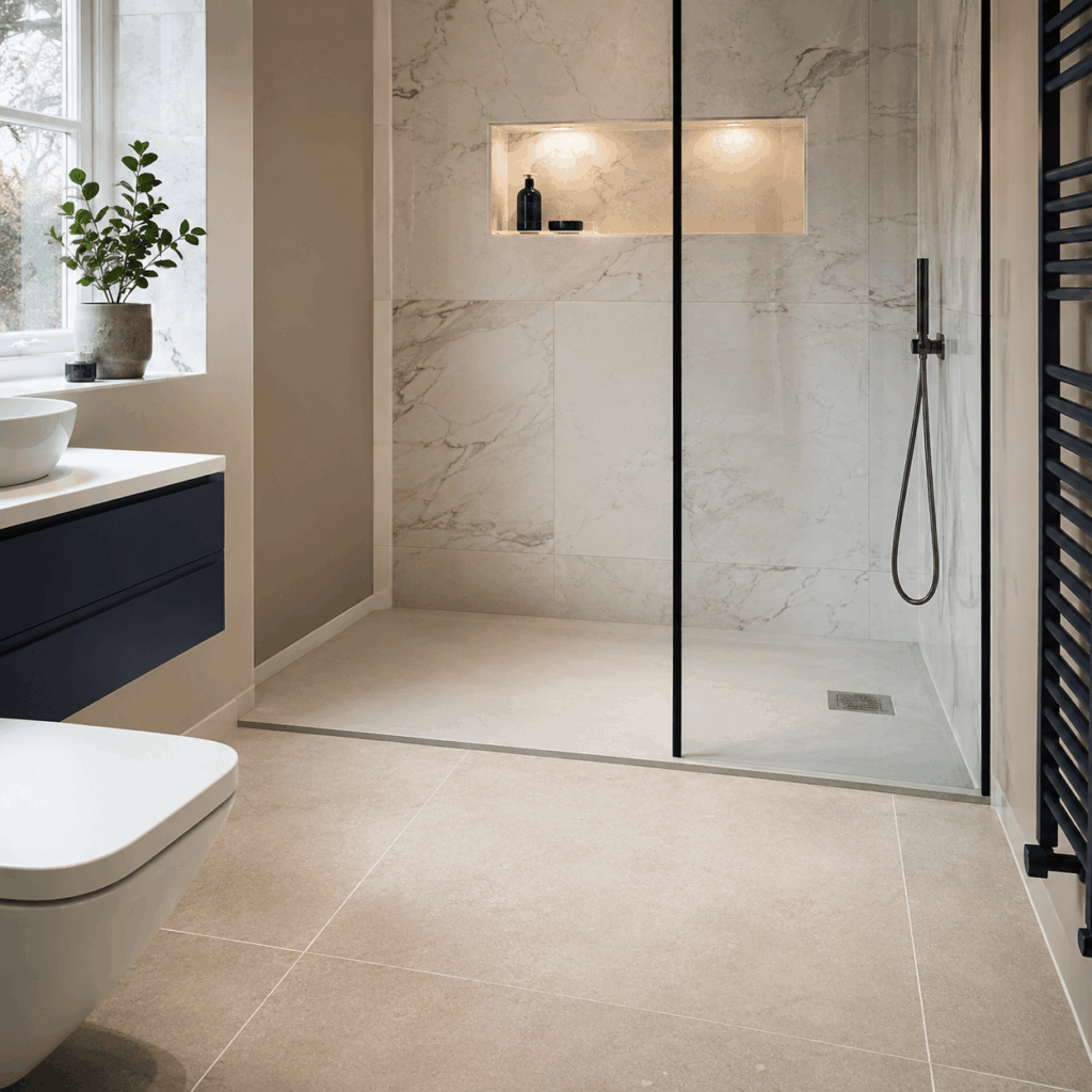 Brann New Homes bathroom flooring and tiling image showing walk-in shower in Crowborough, East Sussex