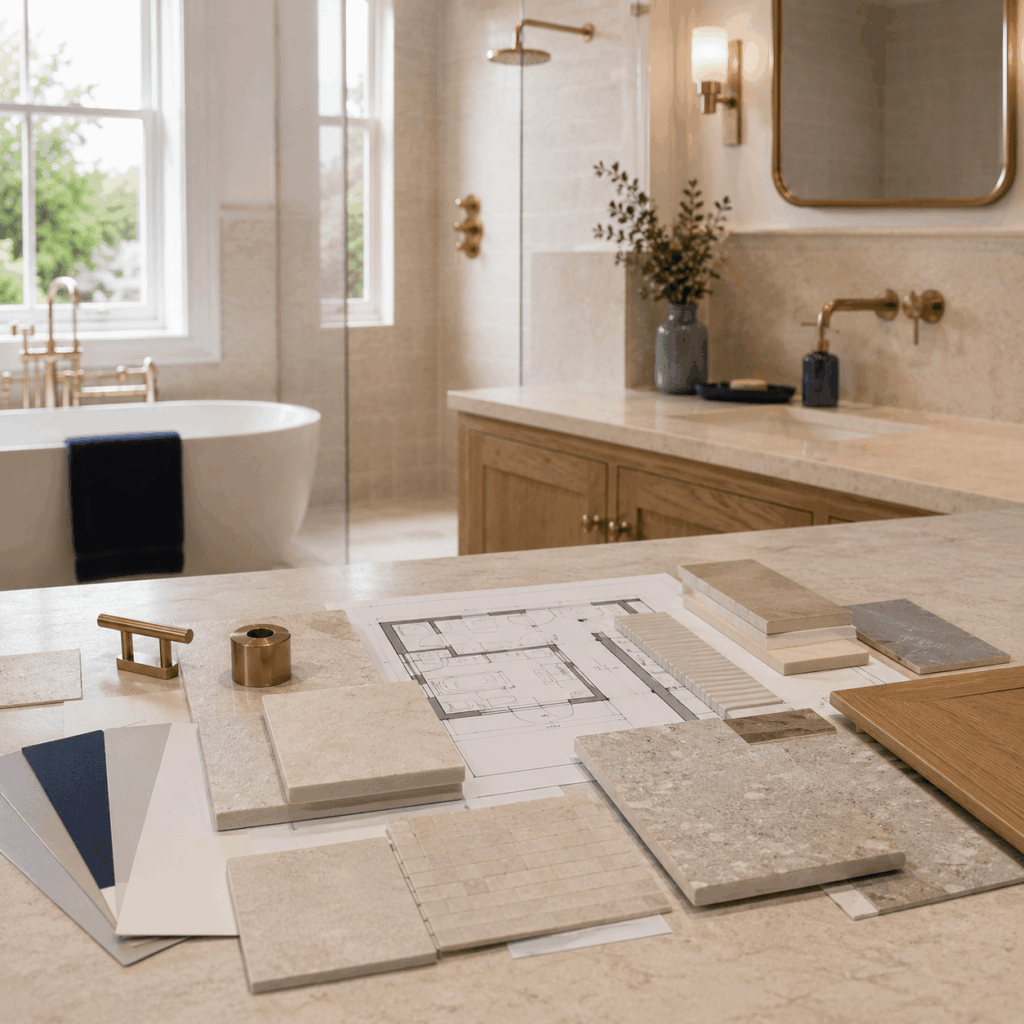 Brann New Homes bathroom consultation with plans and samples in Crowborough, East Sussex