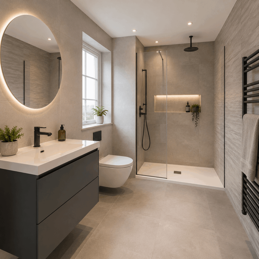 Brann New Homes bathroom refurbishments in Crowborough, East Sussex with grey tiling and walk-in shower