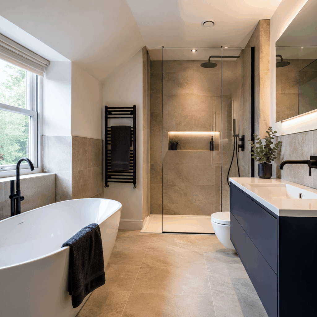 Brann New Homes bathroom refurbishment in Crowborough, East Sussex with walk-in shower and bath