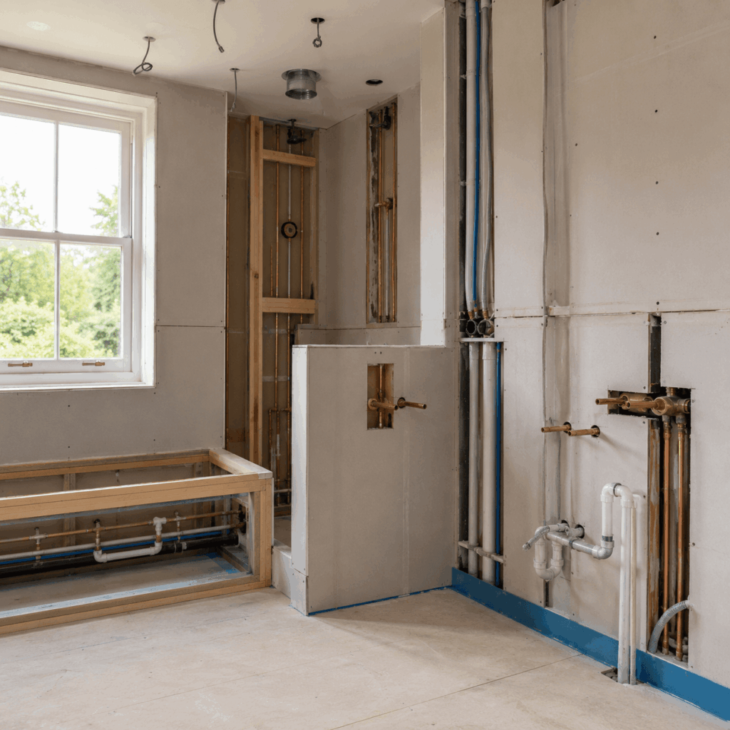 Brann New Homes bathroom plastering preparation image for builders in Crowborough, East Sussex