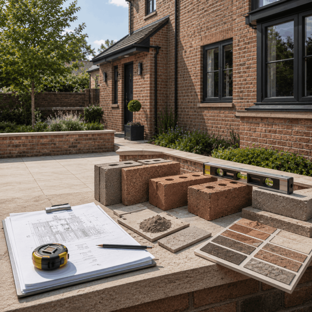 Brann New Homes bricklaying planning image with bricks, level and samples in Crowborough, East Sussex