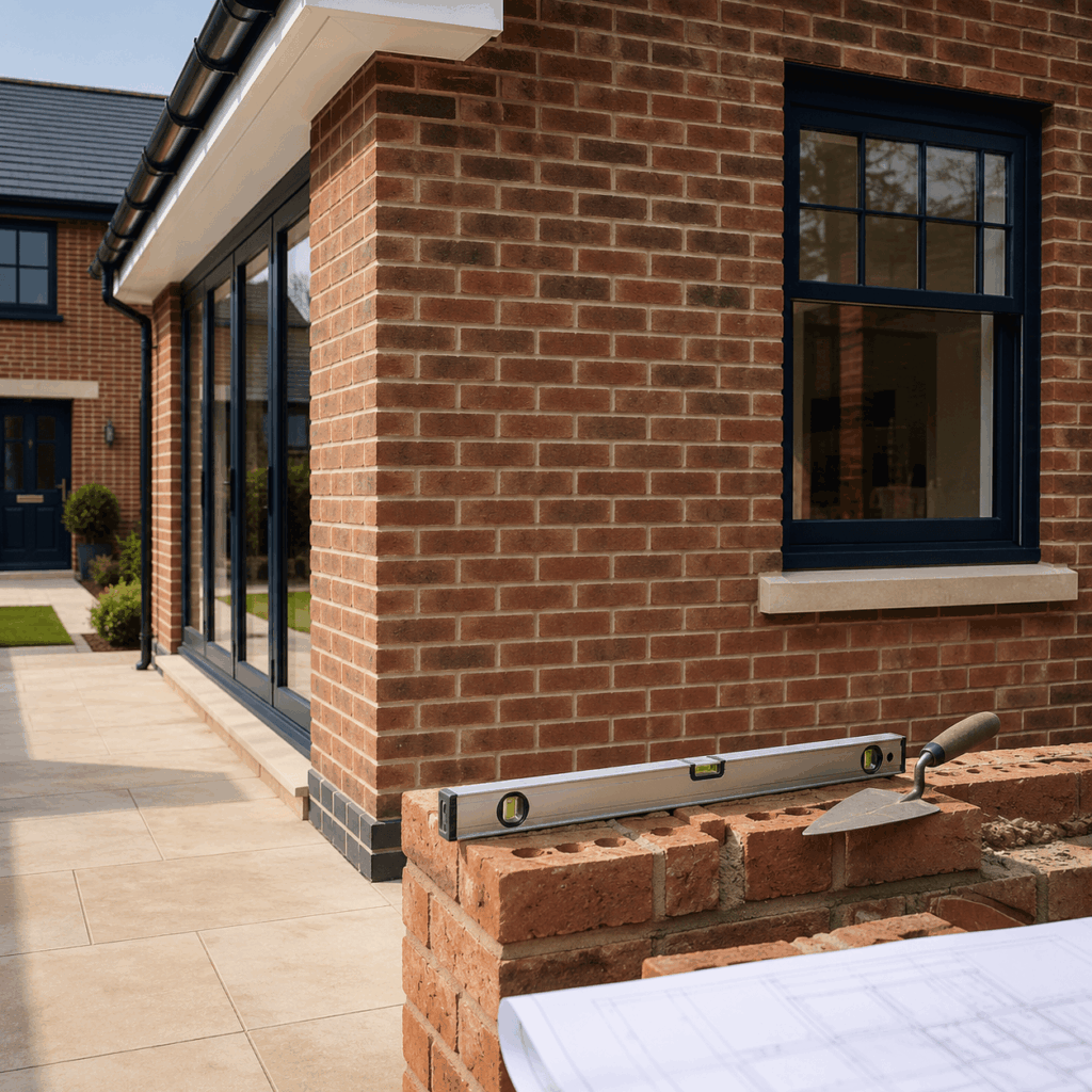 Brann New Homes brickwork contractor in Crowborough, East Sussex with clean brickwork and building tools