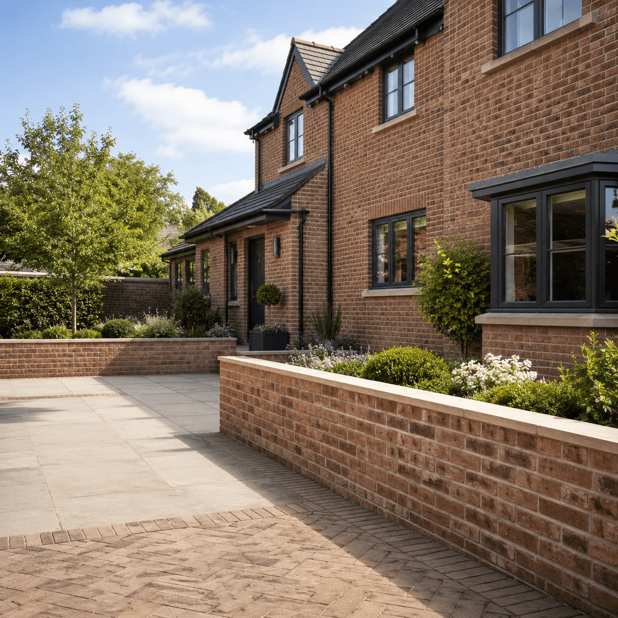Brann New Homes brickwork service image showing brick home and garden wall in Crowborough, East Sussex