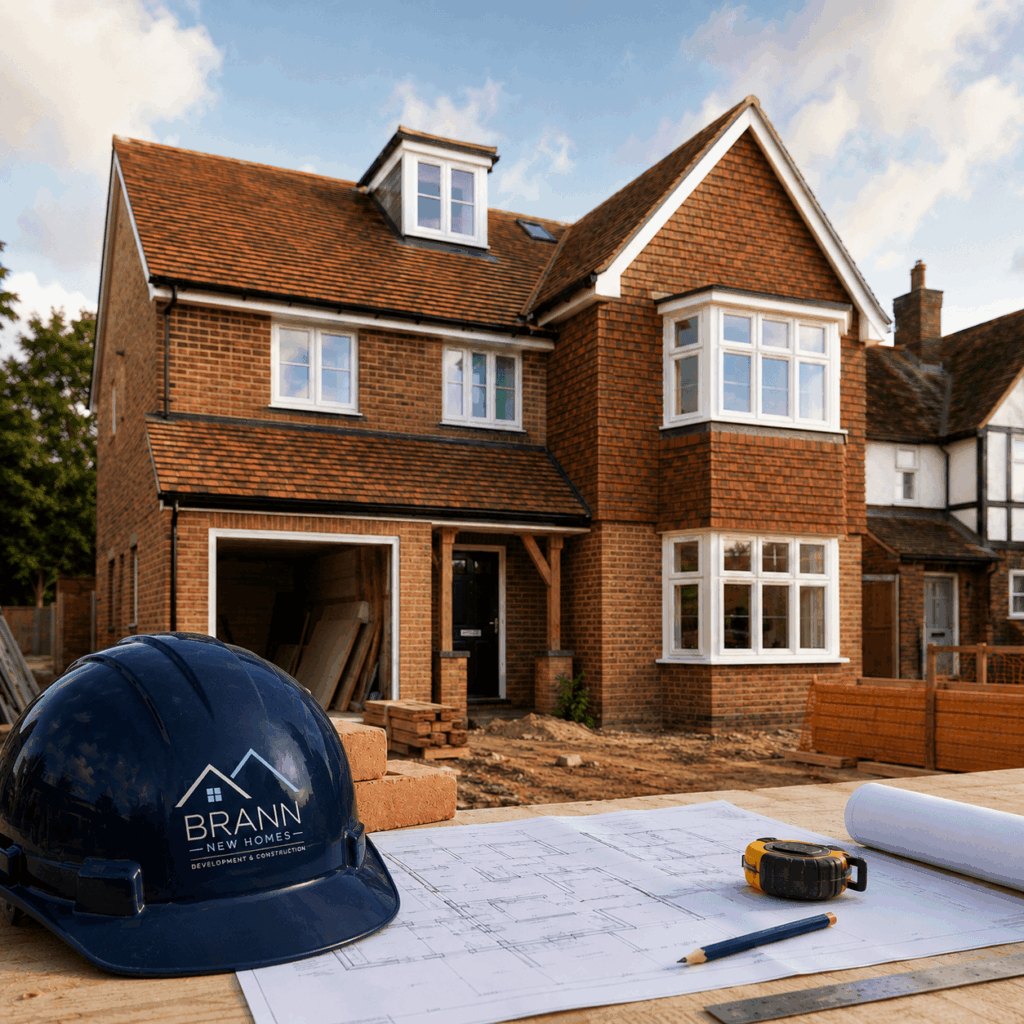 Brann New Homes building contractors in Crowborough, East Sussex with plans, hard hat and UK home construction