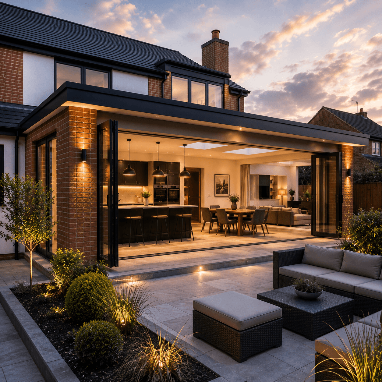 Brann New Homes building projects in Crowborough showing modern rear extension, open plan kitchen and patio