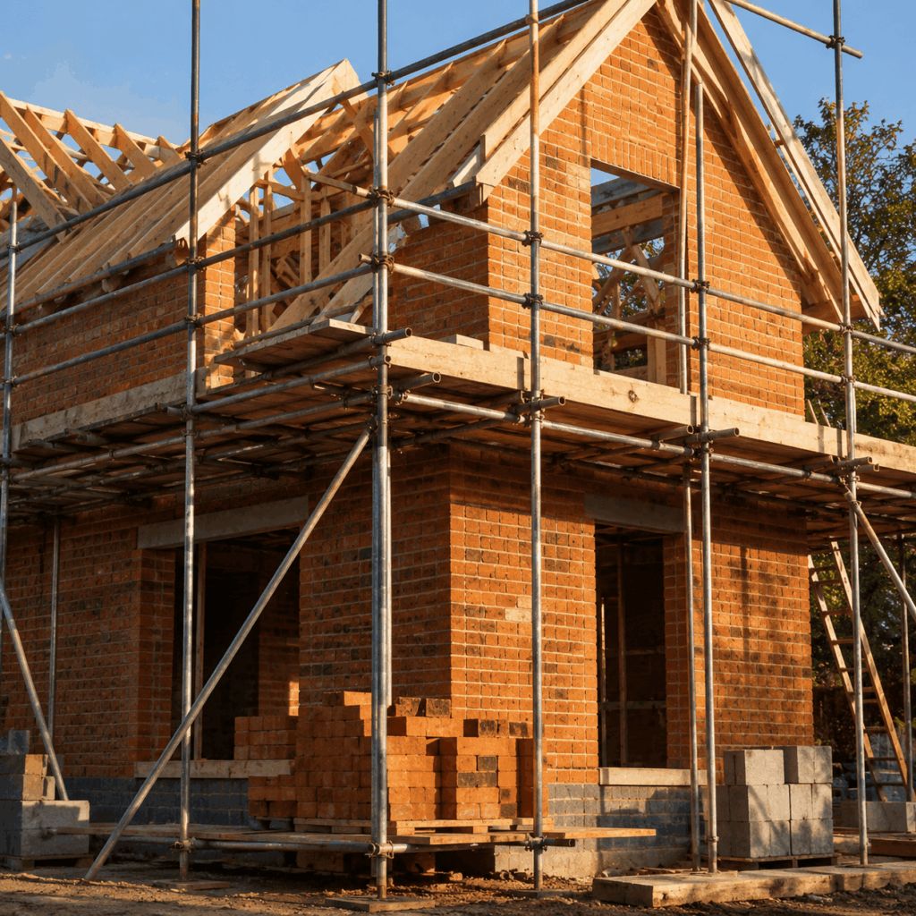 Brann New Homes building services close up showing brickwork and scaffolding by Crowborough builders