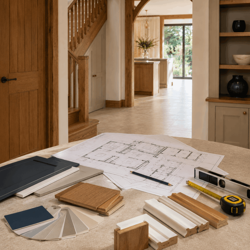 Brann New Homes carpentry consultation image with plans and timber samples in Crowborough, East Sussex