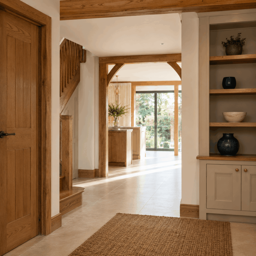 Brann New Homes carpentry process image showing oak door and fitted joinery in Crowborough, East Sussex