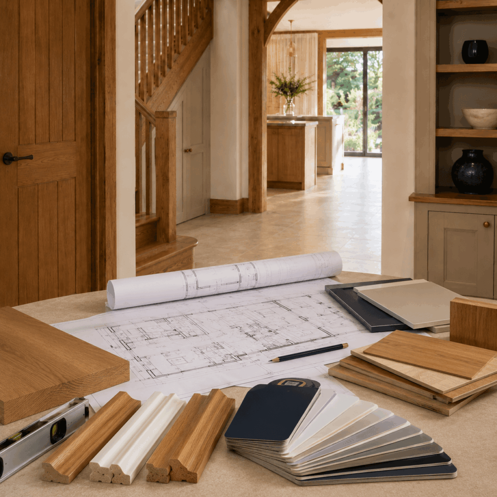 Brann New Homes carpentry planning image with plans and timber samples in Crowborough, East Sussex