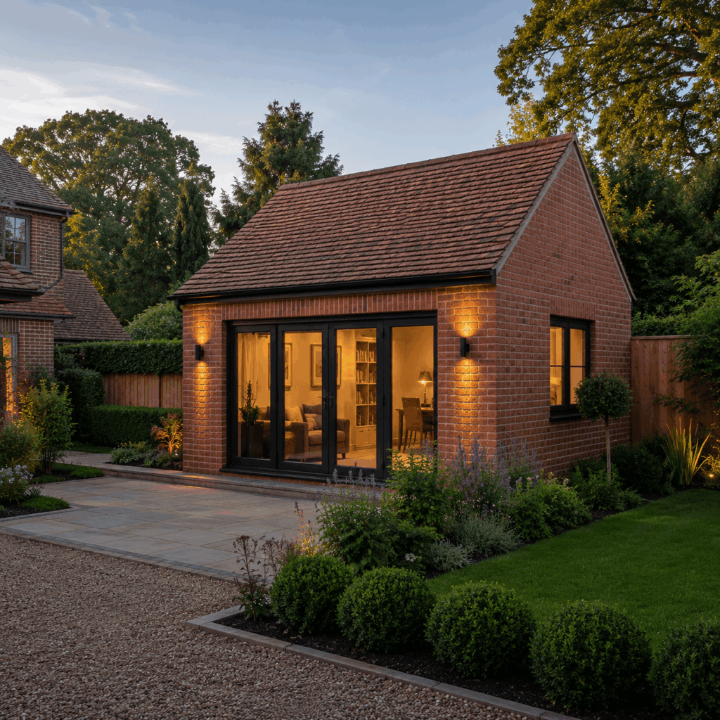 Brann New Homes detached garage conversion in Crowborough, East Sussex with brick garage and glazed doors