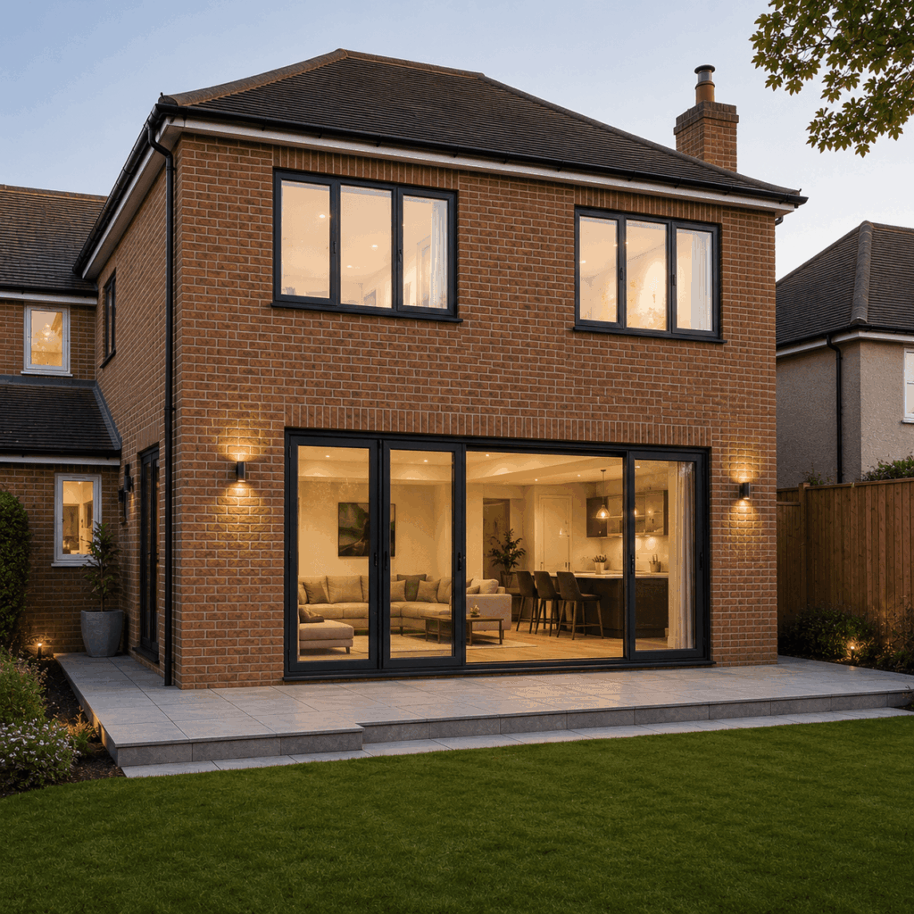 A finished two-storey UK house extension with matching brickwork, black glazing, patio and landscaped garden.