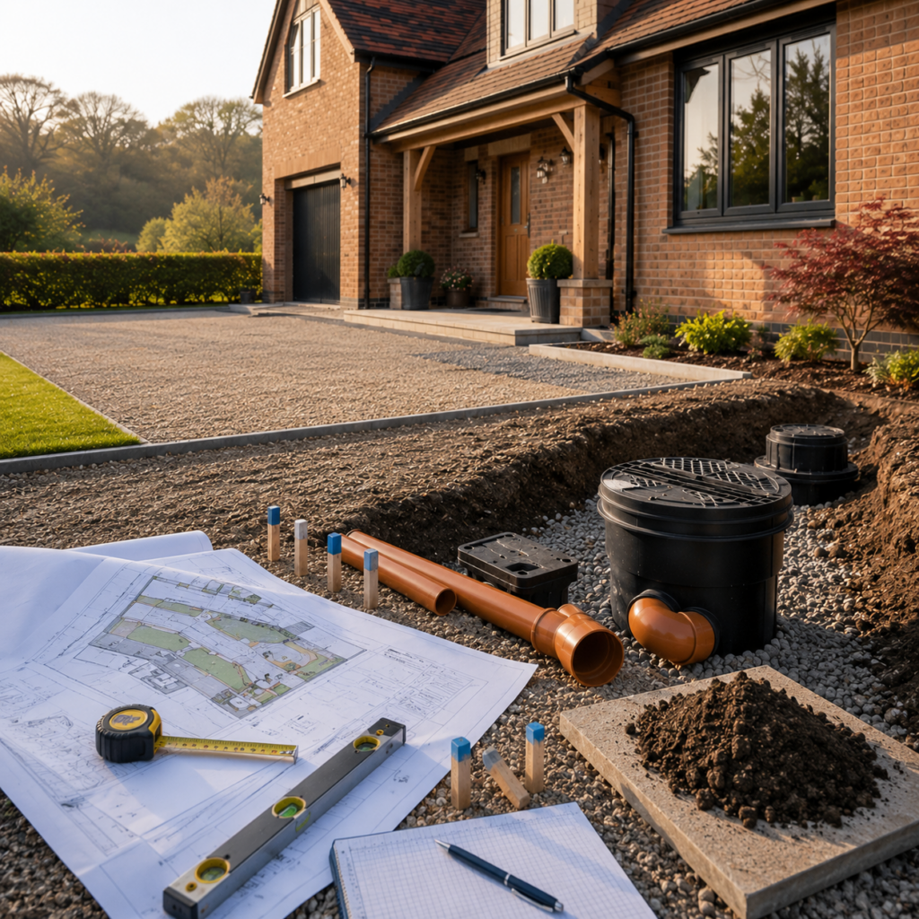 Brann New Homes drainage consultation image with site plans and pipework in Crowborough, East Sussex
