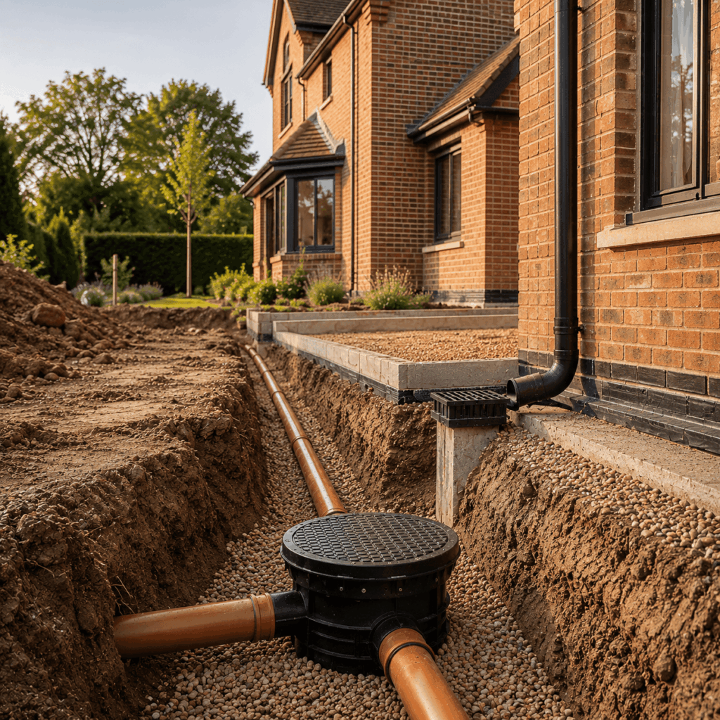 Brann New Homes drainage and external services in Crowborough, East Sussex with pipework and inspection chamber