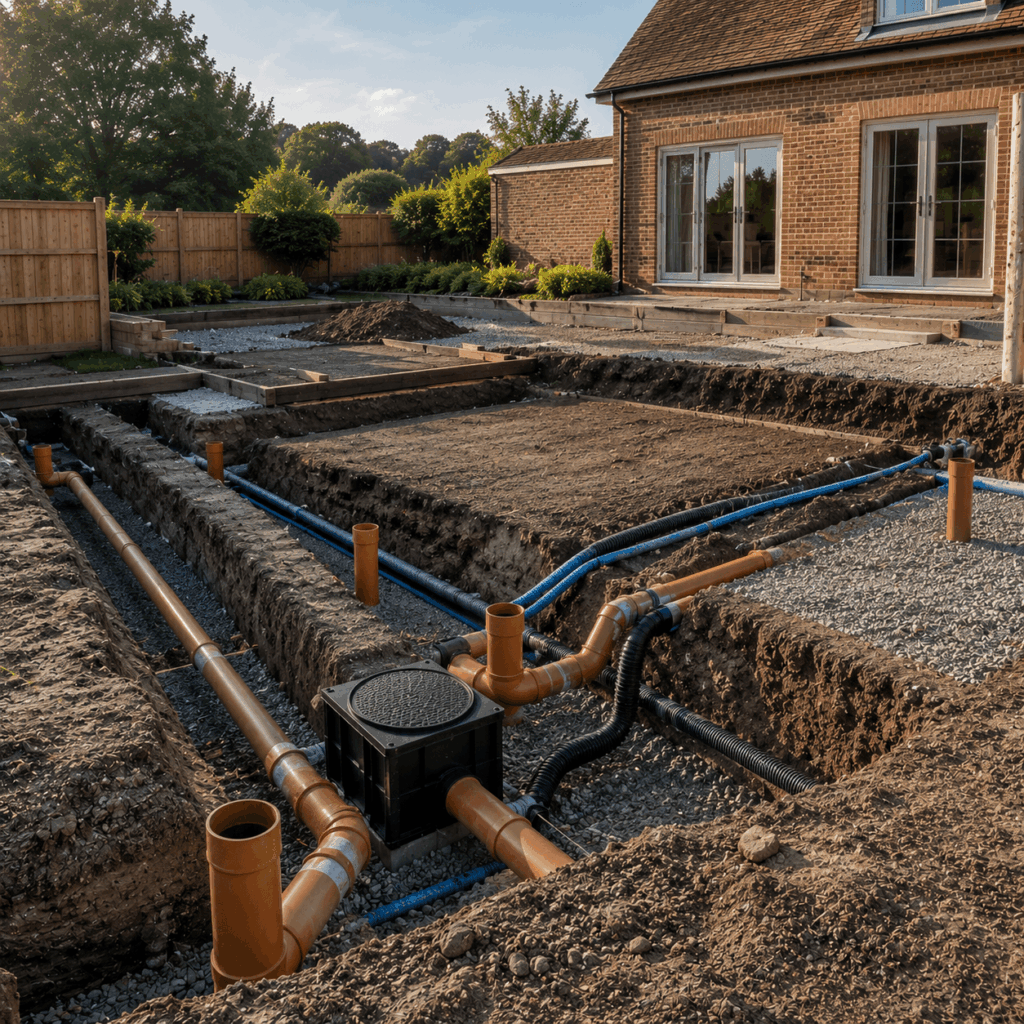 Brann New Homes drainage groundworks image showing underground pipes in Crowborough, East Sussex