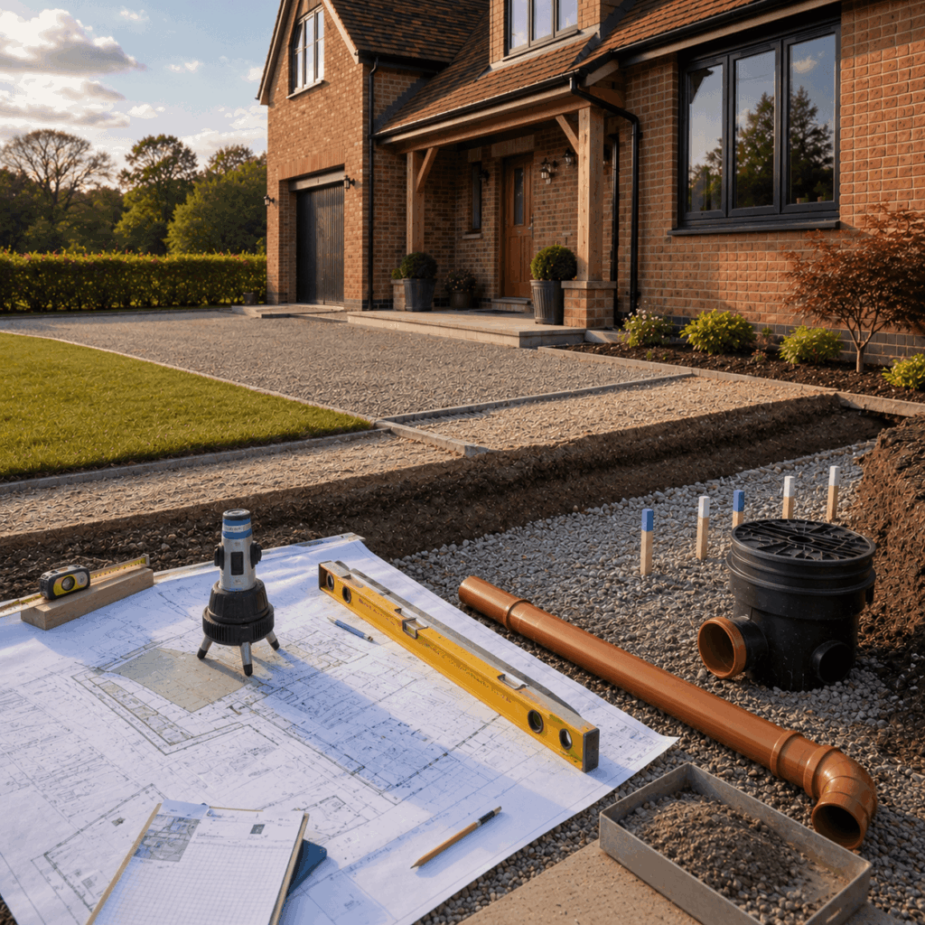 Brann New Homes drainage planning image with levels and pipework in Crowborough, East Sussex