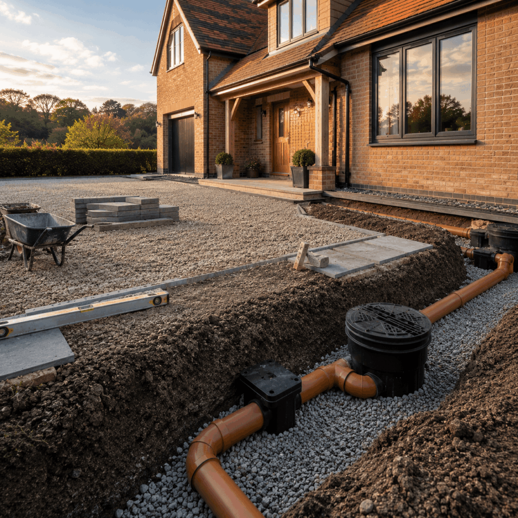Brann New Homes drainage process image showing pipework in Crowborough, East Sussex