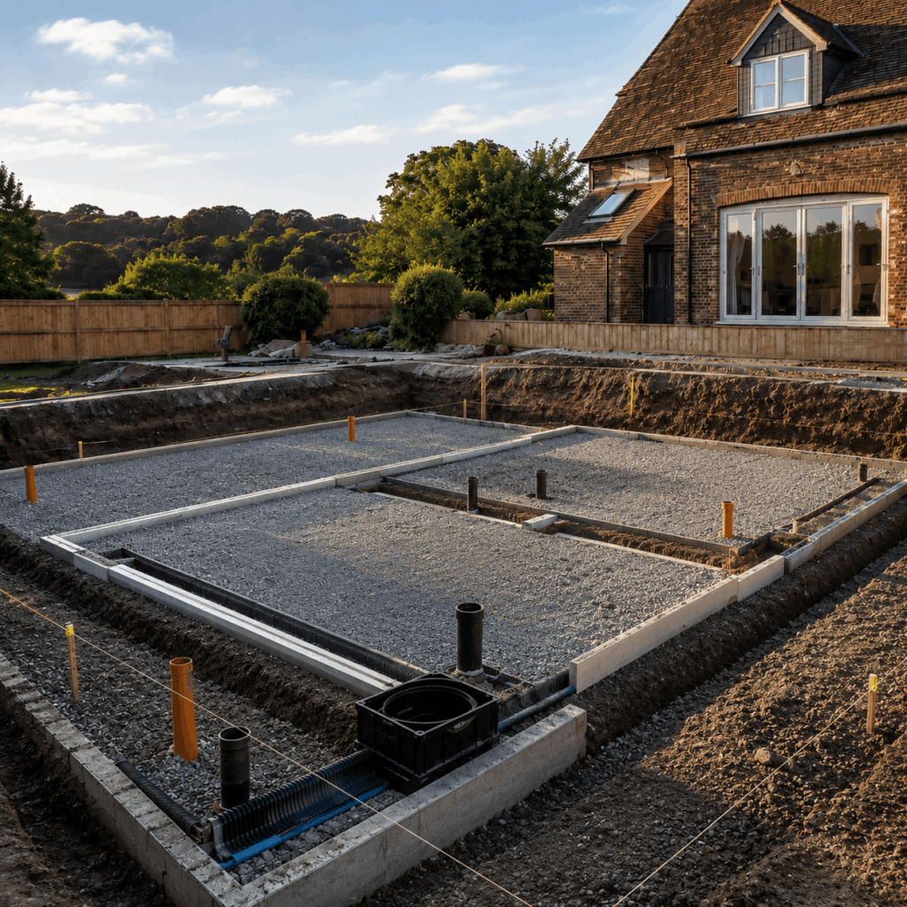 Brann New Homes foundations and footings image showing concrete base preparation in Crowborough