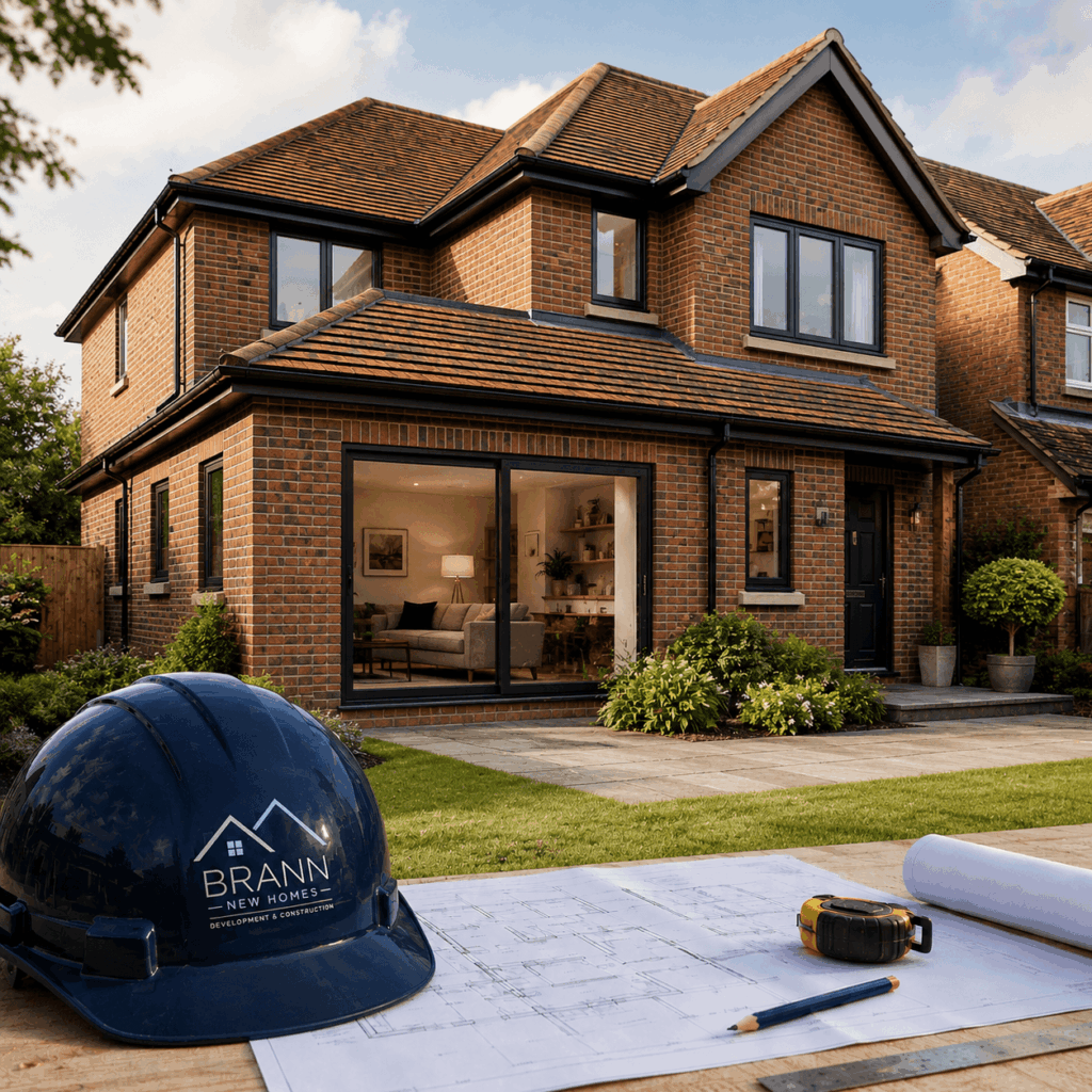 Brann New Homes garage conversions in Crowborough, East Sussex with converted garage living space and hard hat