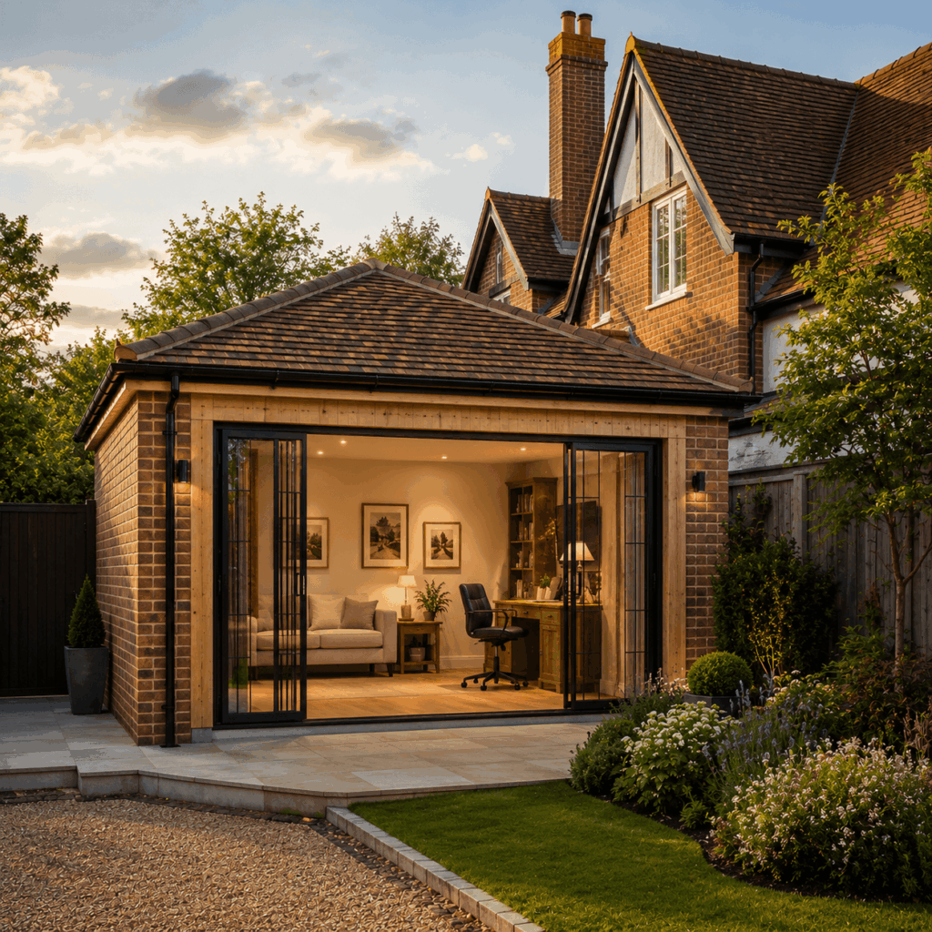 Brann New Homes garage conversions in Crowborough showing converted garage living space with patio and garden