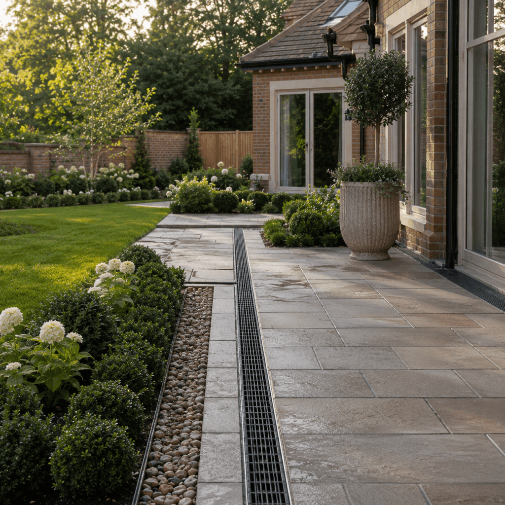 Brann New Homes garden drainage image showing patio run-off in Crowborough, East Sussex