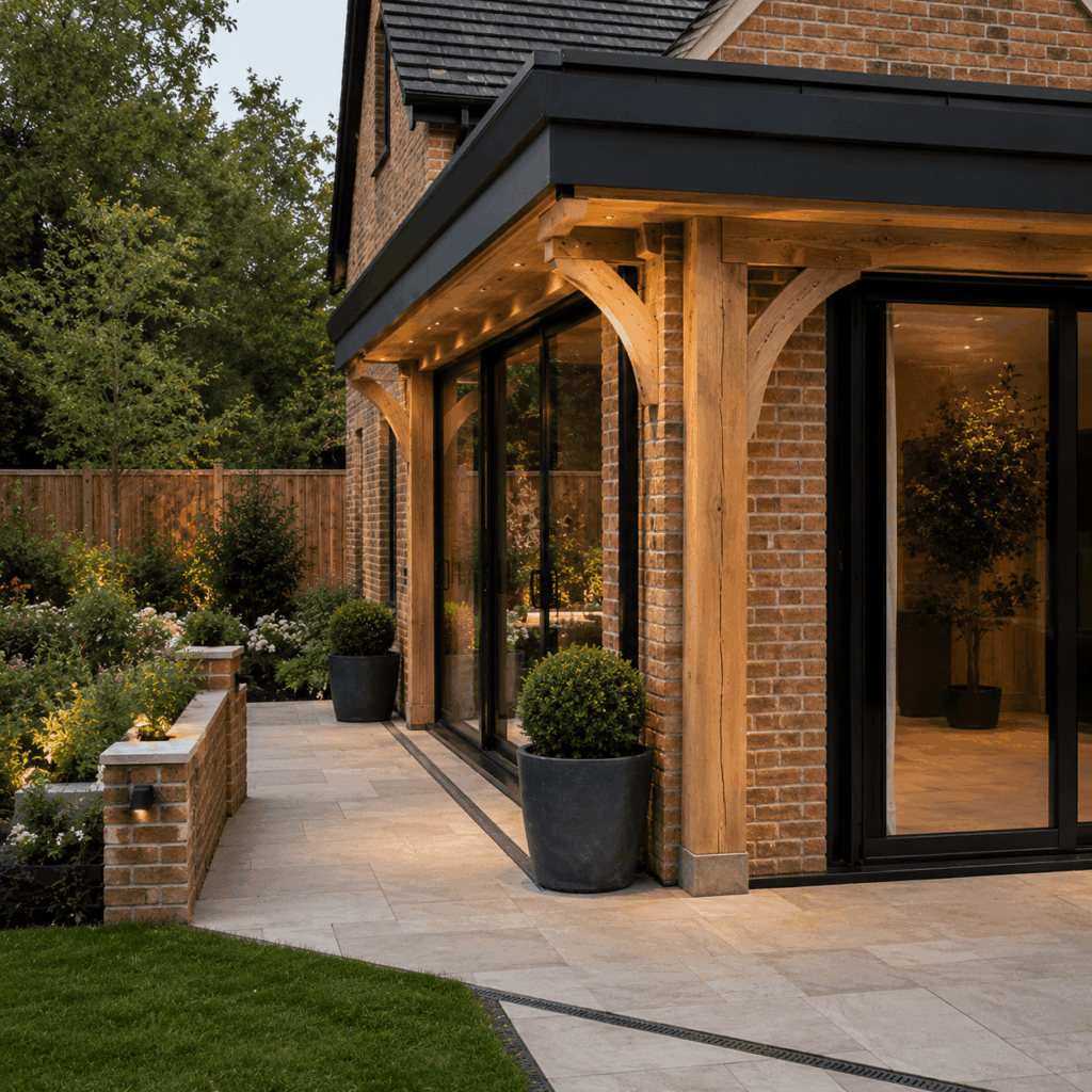 Brann New Homes general builders in Crowborough showing brickwork, oak framing and premium patio finish
