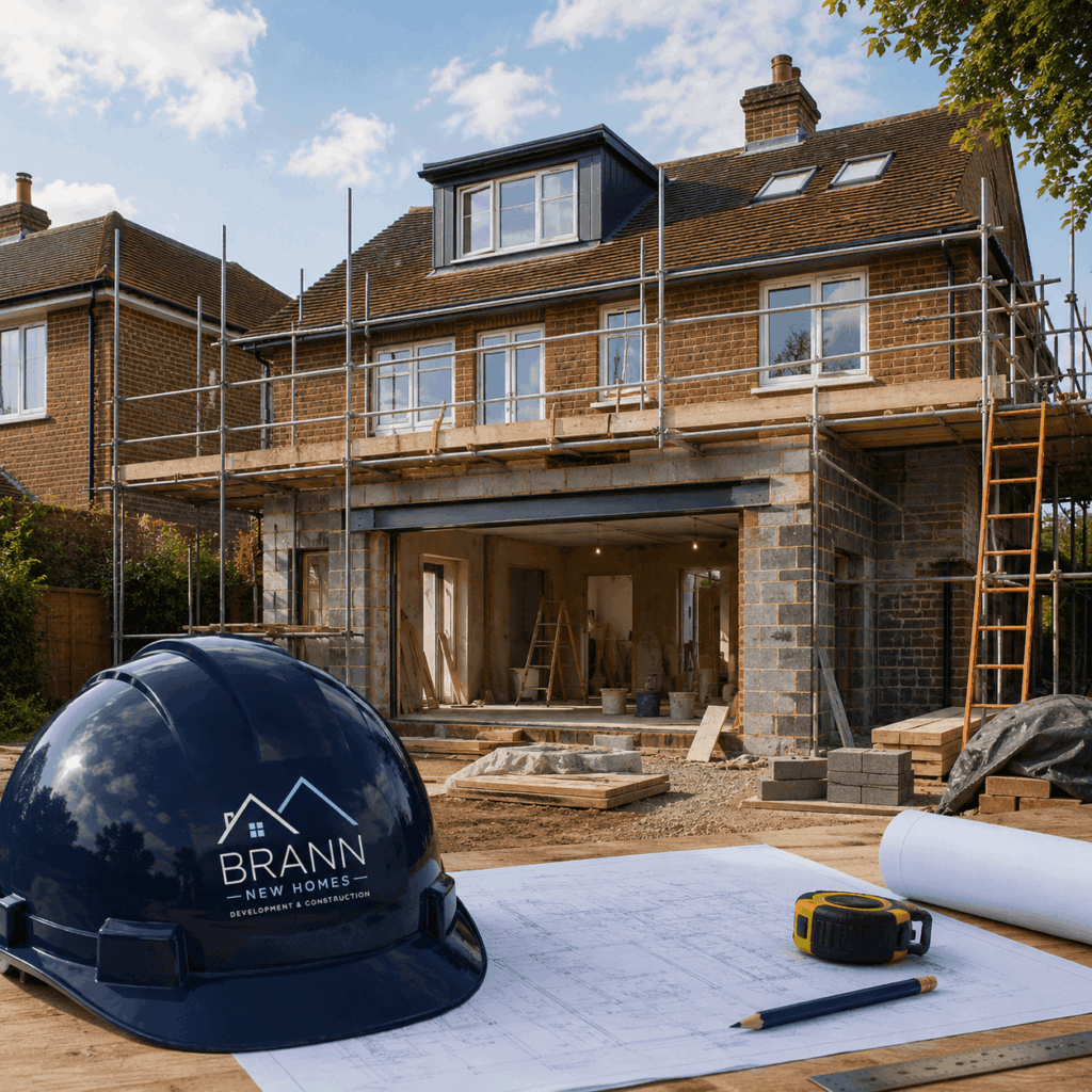 Brann New Homes general builders in Crowborough, East Sussex with UK home renovation, plans and hard hat