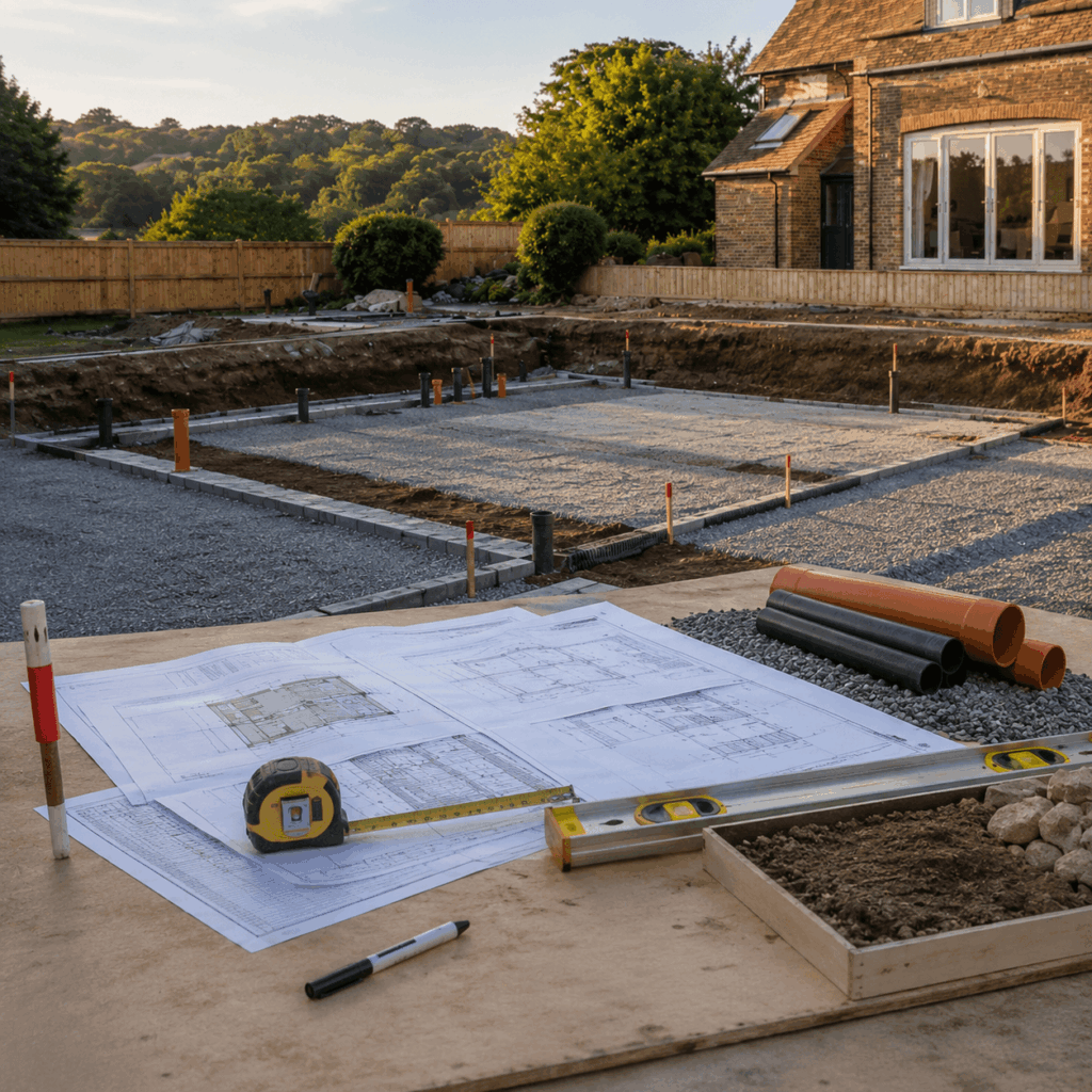 Brann New Homes groundworks consultation image with plans and foundations in Crowborough, East Sussex