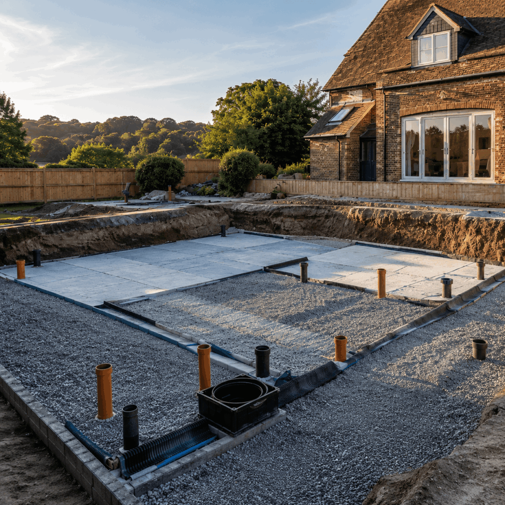 Brann New Homes groundworks main service image showing foundations and drainage in Crowborough, East Sussex