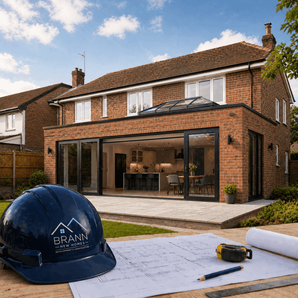 Brann New Homes house extensions in Crowborough, East Sussex with modern rear extension, plans and hard hat