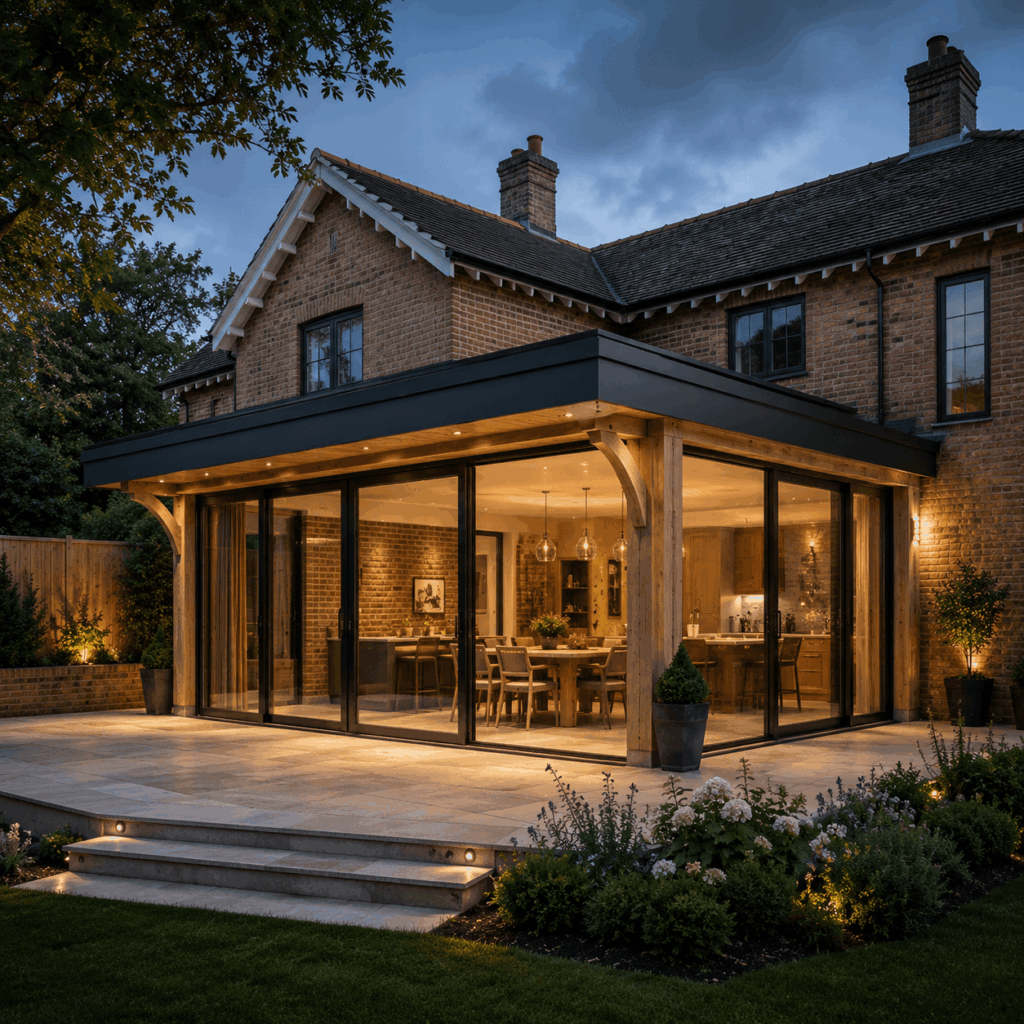 Brann New Homes house extensions in Crowborough showing modern rear extension with oak framing and patio