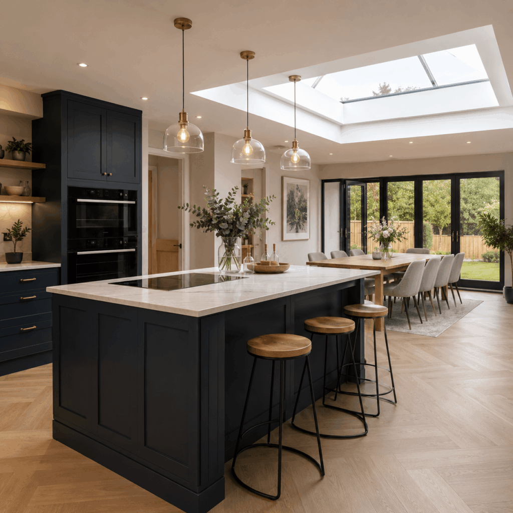 Interior kitchen extension with island and rooflight by Brann New Homes, Crowborough, East Sussex