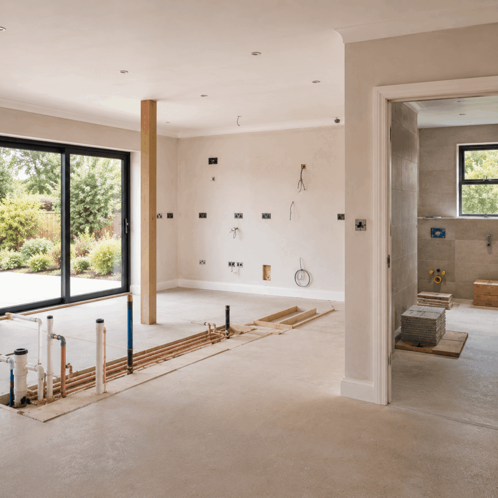 A clean new build interior showing kitchen and bathroom preparation, service points, plumbing, wall finishes and tiled bathroom materials.
