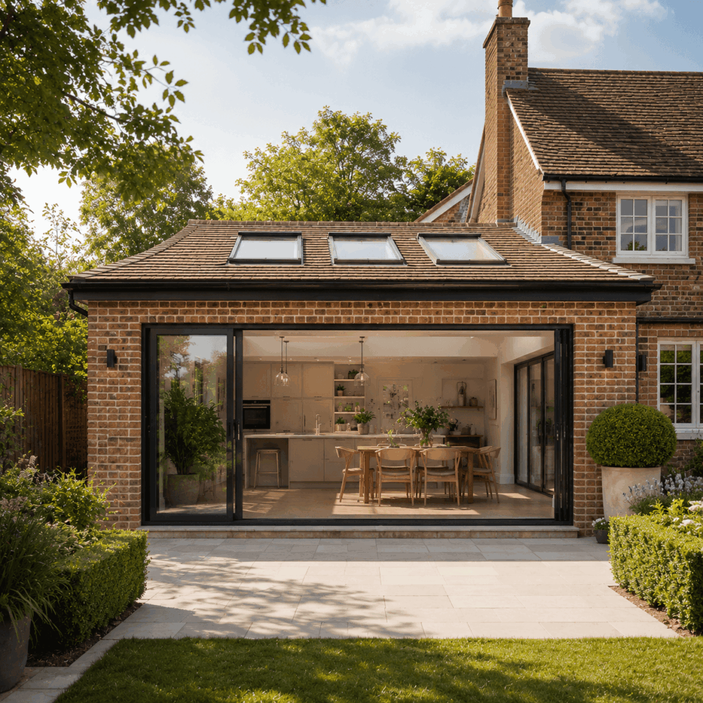 Brann New Homes kitchen extension in Crowborough, East Sussex with rooflights, bifold doors and patio