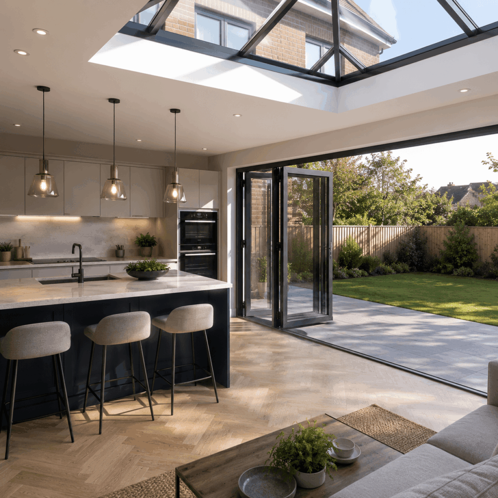 Brann New Homes kitchen extensions in Crowborough, East Sussex with roof lantern, bifold doors and open plan kitchen