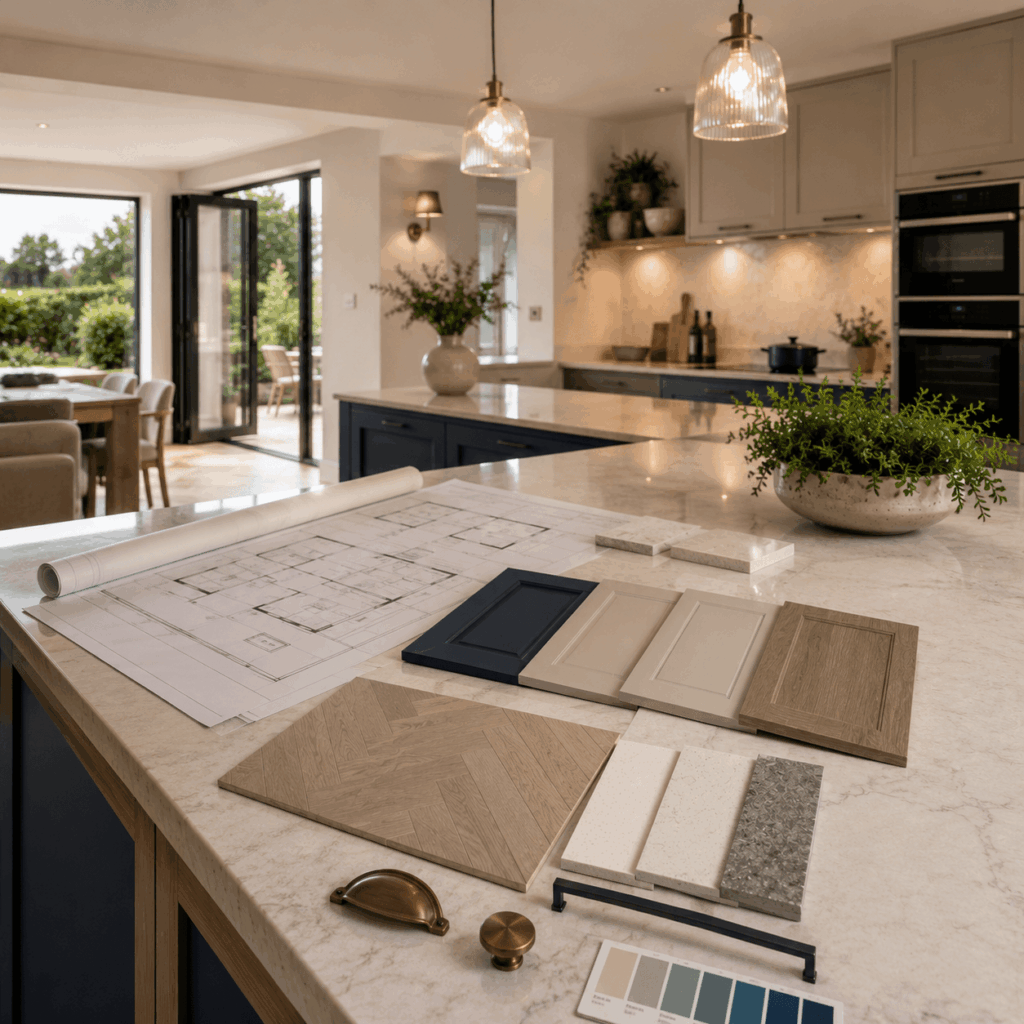 Brann New Homes kitchen refurbishment consultation with plans and samples in Crowborough