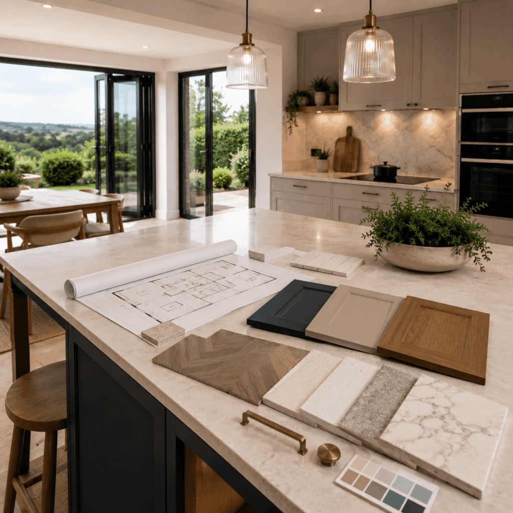 Brann New Homes kitchen refurbishment process image showing plans and material samples in Crowborough