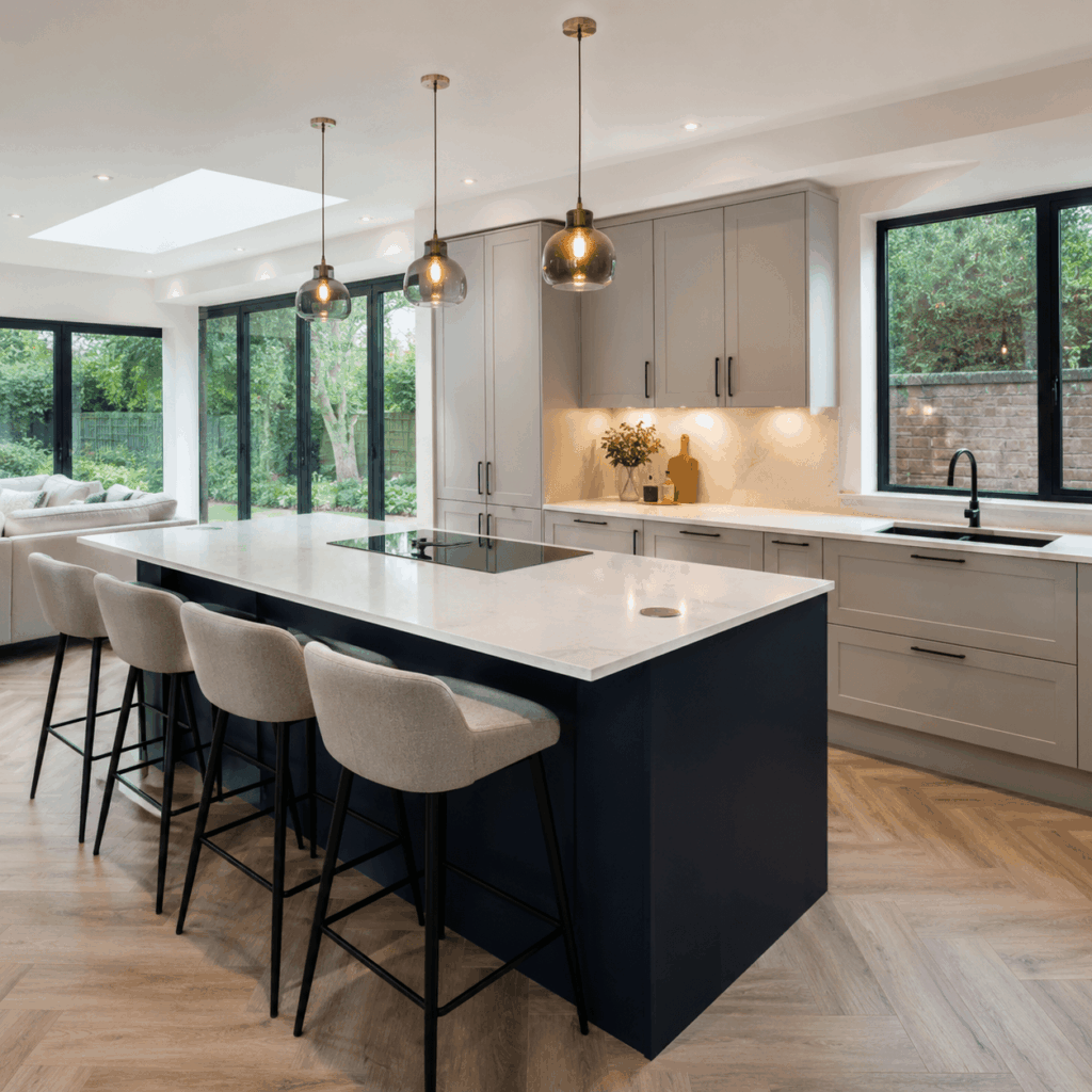 Brann New Homes kitchen refurbishment in Crowborough, East Sussex with modern island and garden views