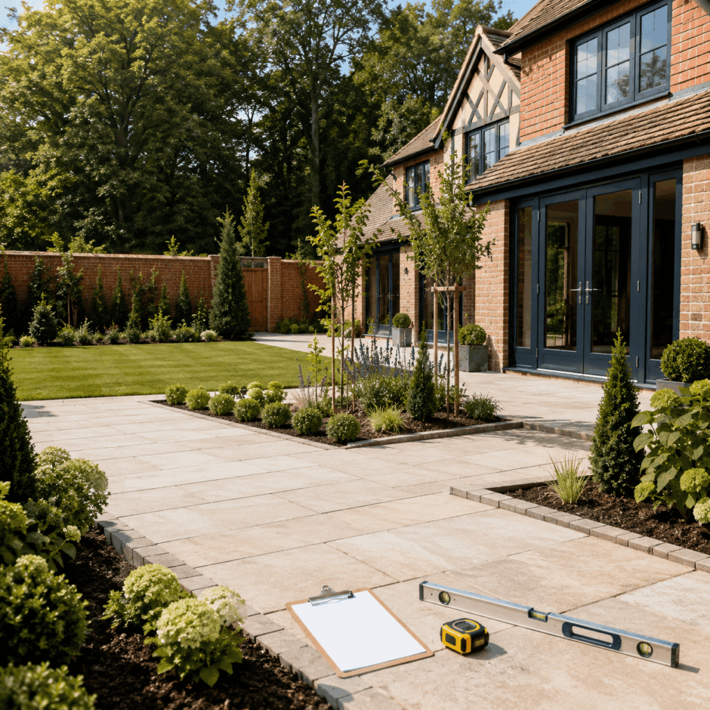 Brann New Homes landscaping finishing image showing patio and planting in Crowborough, East Sussex