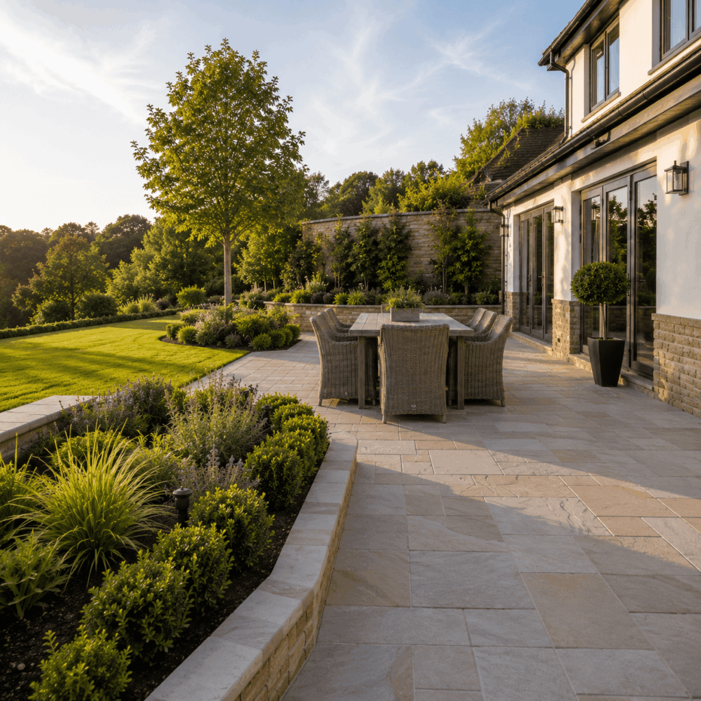 Brann New Homes landscaping patio process image showing paving and planting in Crowborough, East Sussex