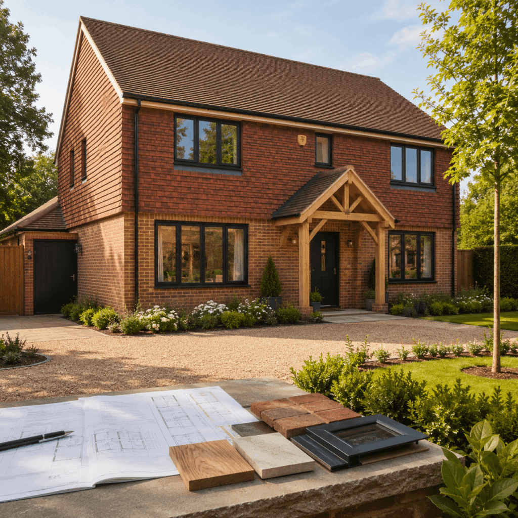 Brann New Homes Ltd building process image showing plans, materials and completed home in Crowborough