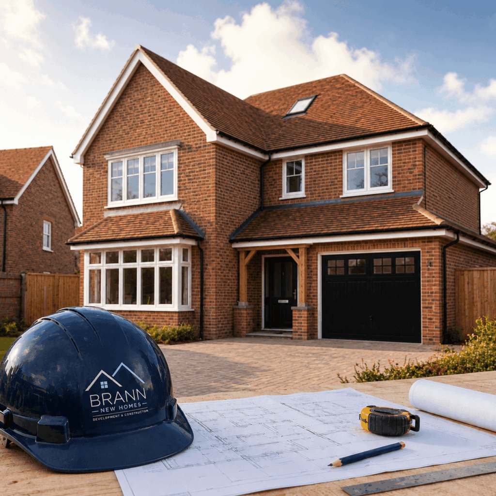 Brann New Homes new build homes in Crowborough, East Sussex with branded hard hat, plans and finished UK house