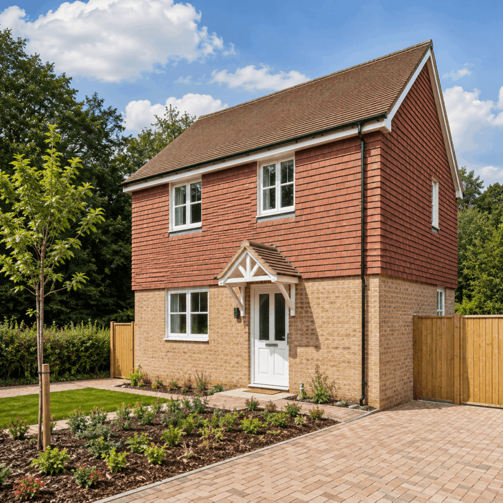 Brann New Homes new build homes in Crowborough showing a premium detached house with oak porch and garden
