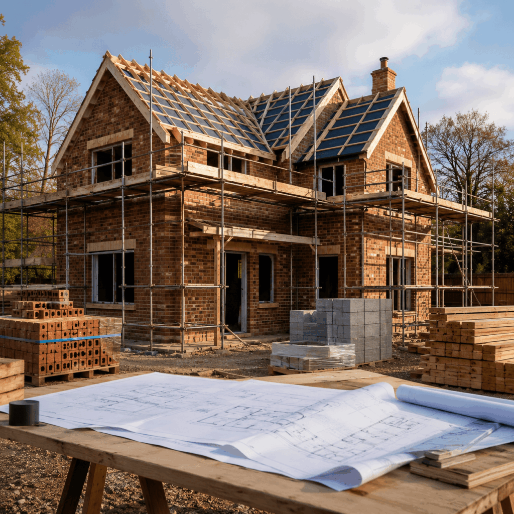 Brann New Homes new build project management in Crowborough, East Sussex with plans and construction site