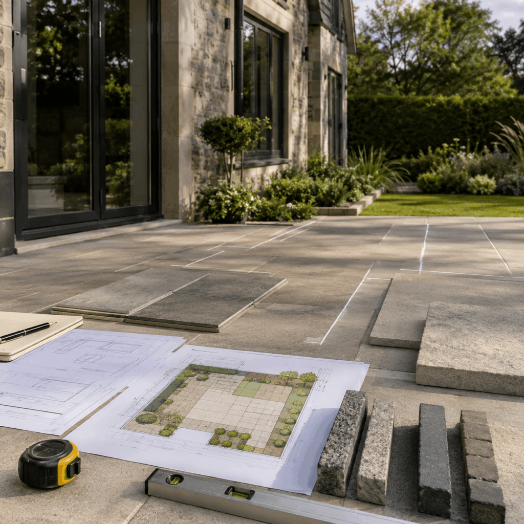 Brann New Homes patio design image showing layout plans and paving samples in Crowborough, East Sussex