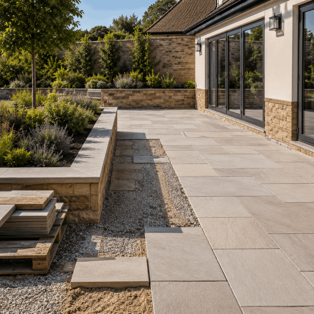 Brann New Homes patio installation image showing paving and slab laying in Crowborough, East Sussex