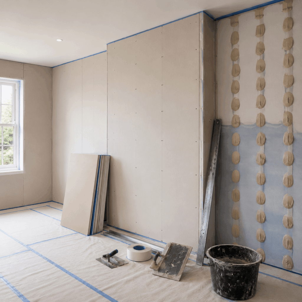 Brann New Homes plasterboard dry lining and dot and dab image in Crowborough, East Sussex