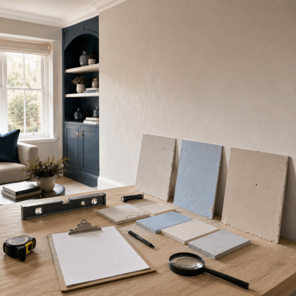 Brann New Homes plastering consultation image with wall samples in Crowborough, East Sussex